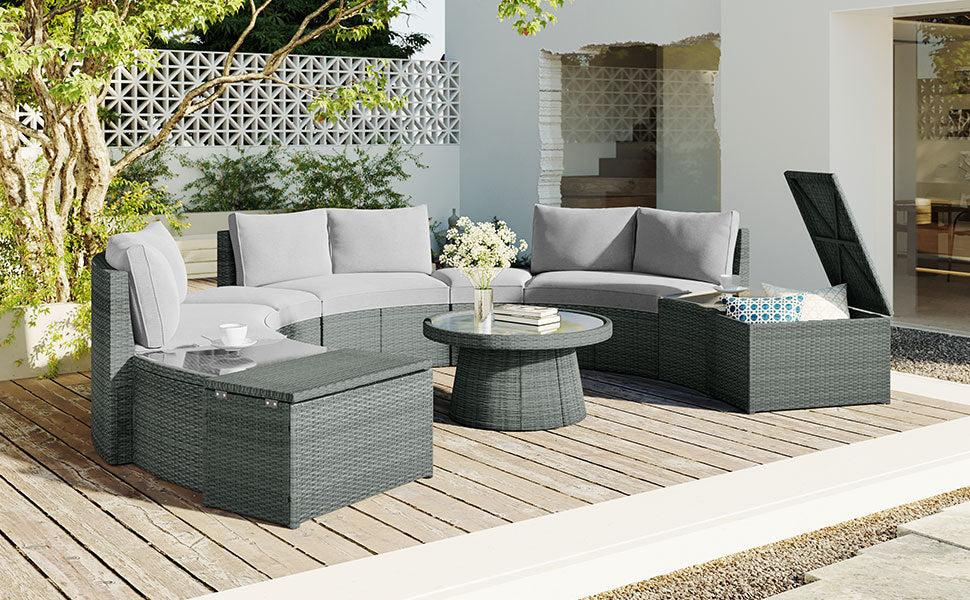 10 PCS Outdoor Patio Rattan Sectional Half Round Sofa Set withStorage Box and Light Gray Cushion