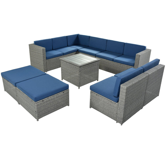 9 PCS Outdoor Gray Rattan Sectional Seating Group with Blue Cushions and Ottoman