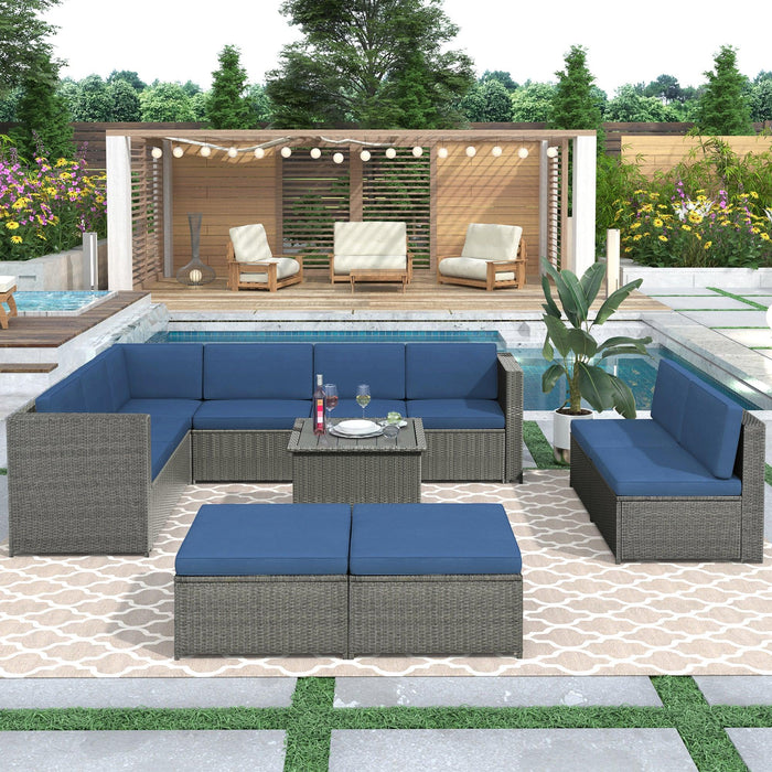 9 PCS Outdoor Gray Rattan Sectional Seating Group with Blue Cushions and Ottoman