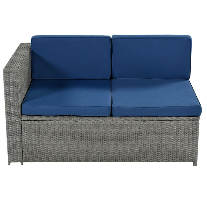 9 PCS Outdoor Gray Rattan Sectional Seating Group with Blue Cushions and Ottoman