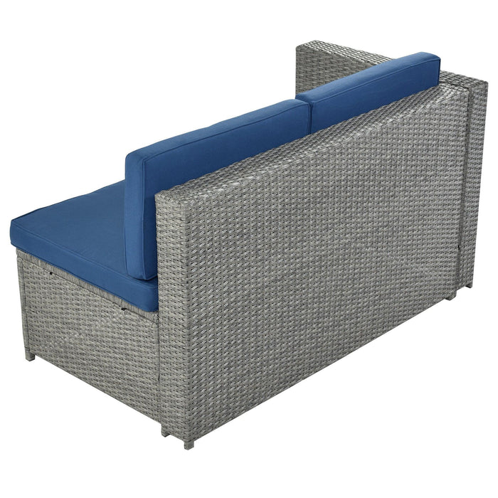 9 PCS Outdoor Gray Rattan Sectional Seating Group with Blue Cushions and Ottoman