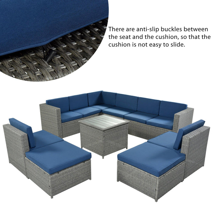 9 PCS Outdoor Gray Rattan Sectional Seating Group with Blue Cushions and Ottoman