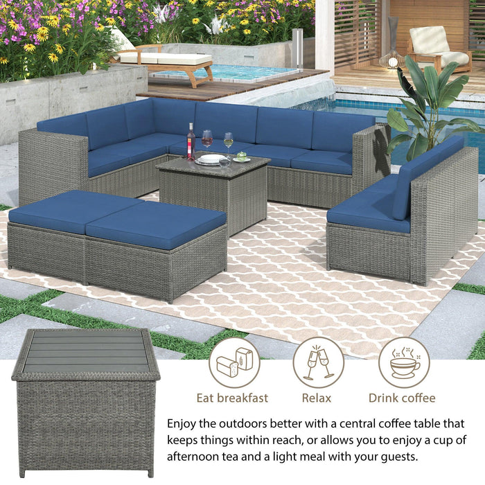 9 PCS Outdoor Gray Rattan Sectional Seating Group with Blue Cushions and Ottoman