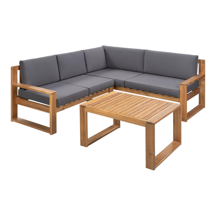 3 PCS Outdoor Patio Acacia Wood Sectional Set and Grey Cushions