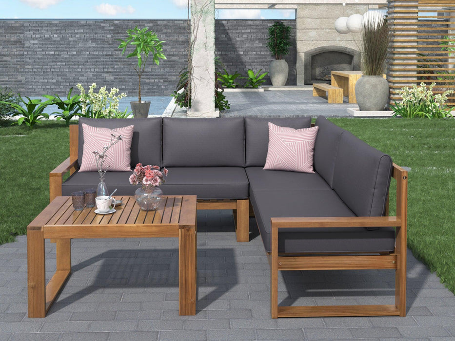 3 PCS Outdoor Patio Acacia Wood Sectional Set and Grey Cushions