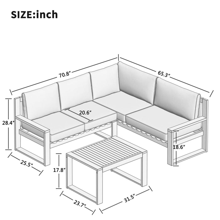 3 PCS Outdoor Patio Acacia Wood Sectional Set and Grey Cushions