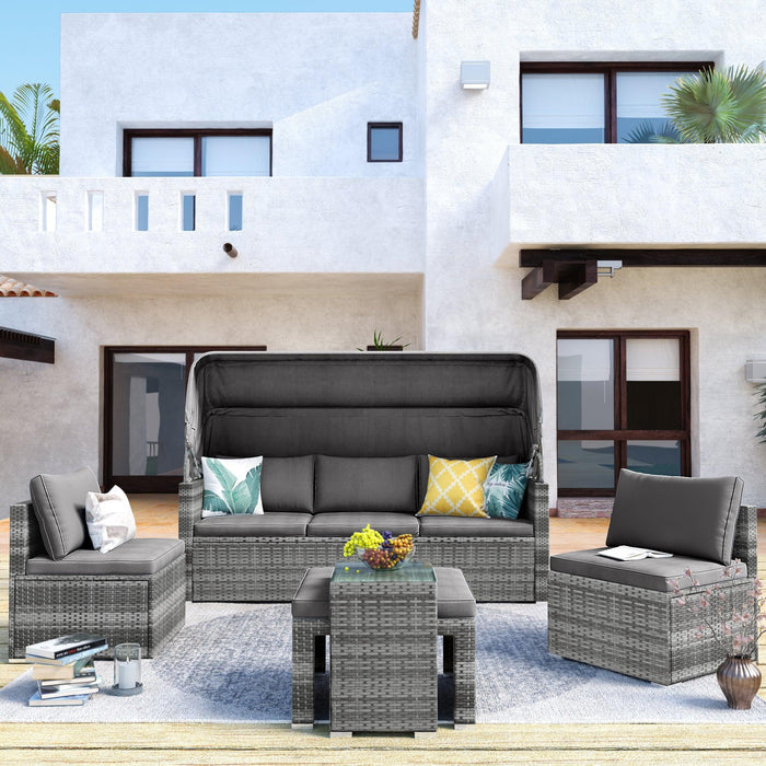 5 PCS Outdoor Patio Rattan Sectional Sofa Daybed Set with Canopy and Tempered Glass Side Table - Gray