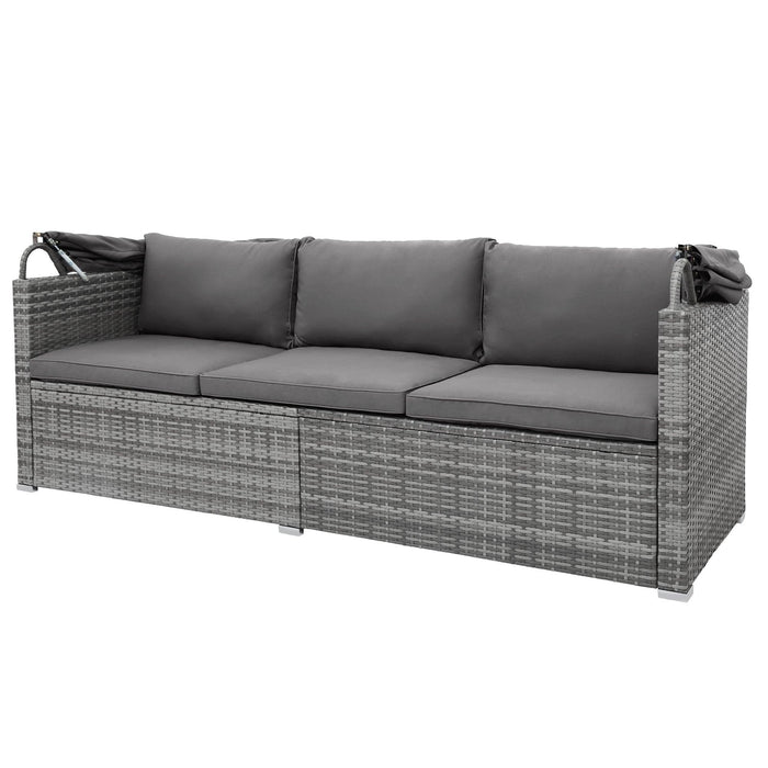 5 PCS Outdoor Patio Rattan Sectional Sofa Daybed Set with Canopy and Tempered Glass Side Table - Gray