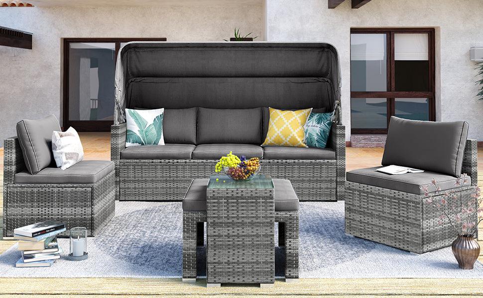 5 PCS Outdoor Patio Rattan Sectional Sofa Daybed Set with Canopy and Tempered Glass Side Table - Gray