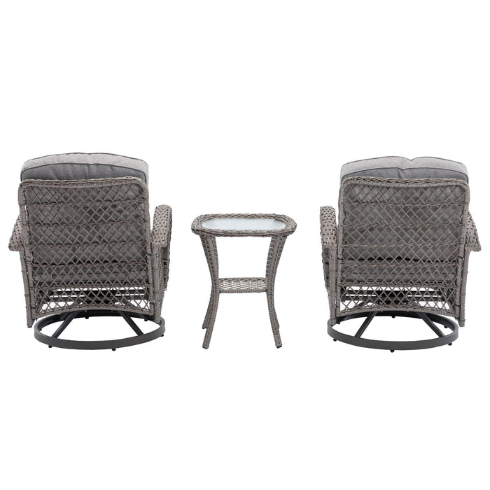 3 PCS Outdoor PatioModern Wicker Set with Table, Swivel Base Chairs and Gray Cushions