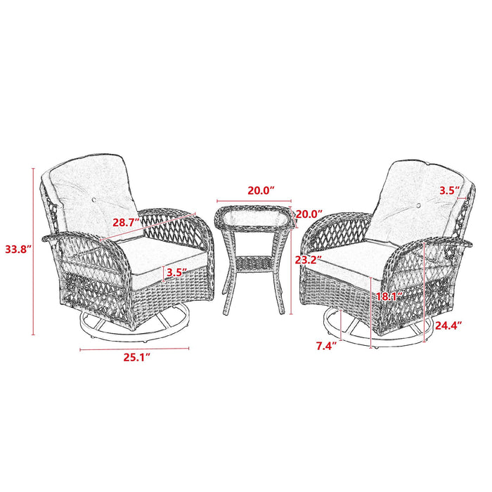 3 PCS Outdoor PatioModern Wicker Set with Table, Swivel Base Chairs and Blue Cushions