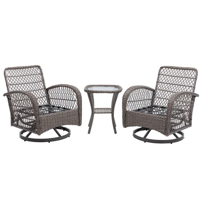 3 PCS Outdoor PatioModern Wicker Set with Table, Swivel Base Chairs and Navy Blue Cushions