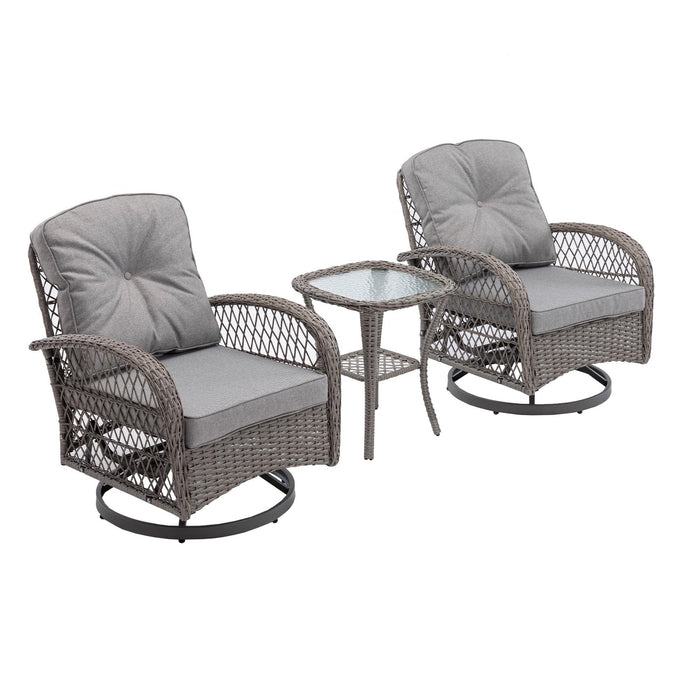 3 PCS Outdoor PatioModern Wicker Set with Table, Swivel Base Chairs and Gray Cushions