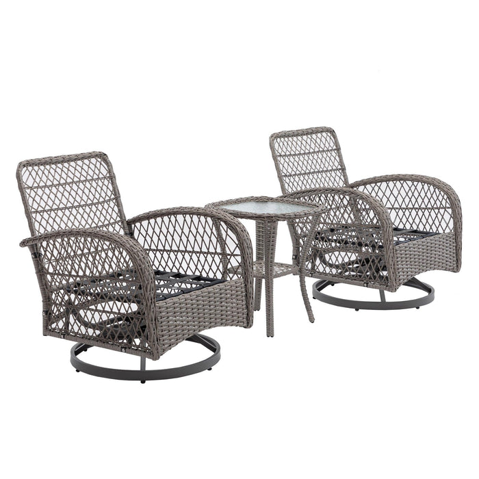 3 PCS Outdoor PatioModern Wicker Set with Table, Swivel Base Chairs and Gray Cushions