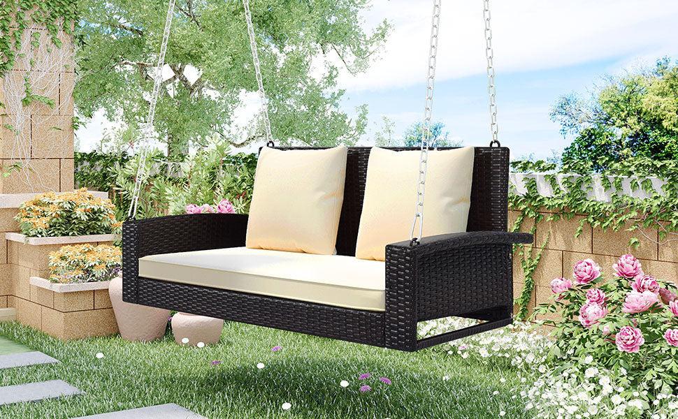 2-Person Brown Wicker Hanging Porch Swing with Chains, White Cushions and Pillows