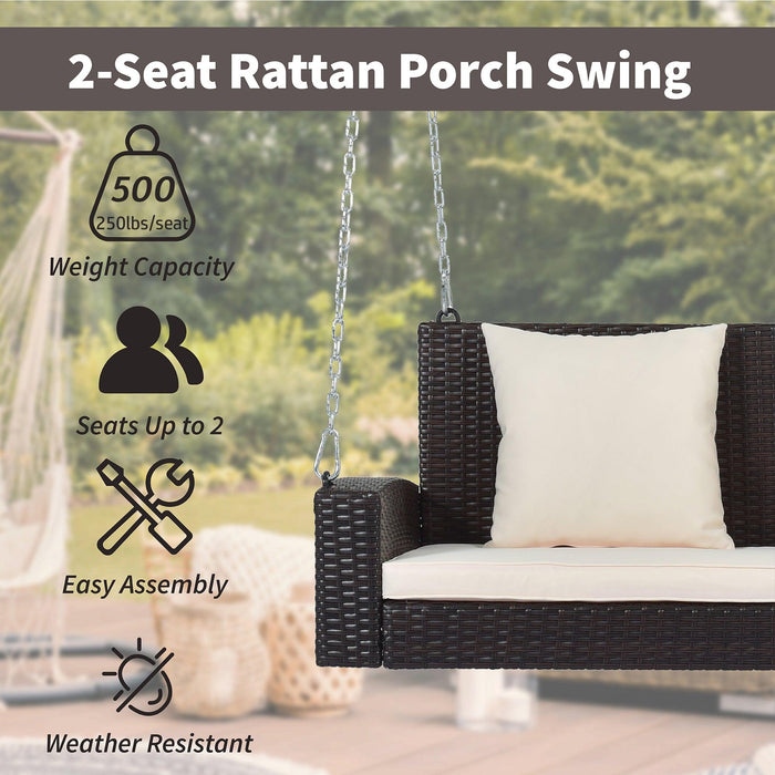 2-Person Brown Wicker Hanging Porch Swing with Chains, White Cushions and Pillows