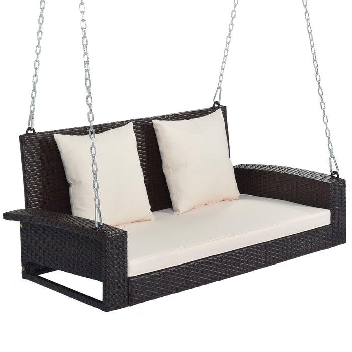 2-Person Brown Wicker Hanging Porch Swing with Chains, White Cushions and Pillows