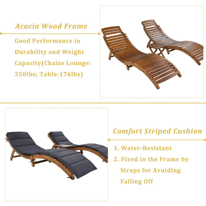 Outdoor Patio Wood Portable Extended Chaise Lounge Set with Foldable Tea Table and Dark Gray Cushions