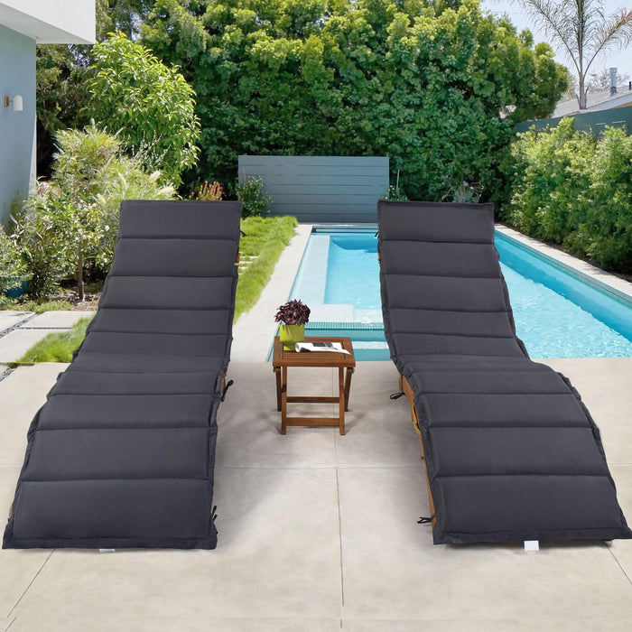 Outdoor Patio Wood Portable Extended Chaise Lounge Set with Foldable Tea Table and Dark Gray Cushions