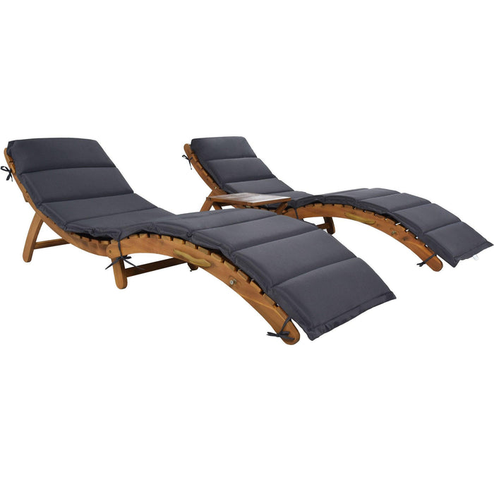 Outdoor Patio Wood Portable Extended Chaise Lounge Set with Foldable Tea Table and Dark Gray Cushions