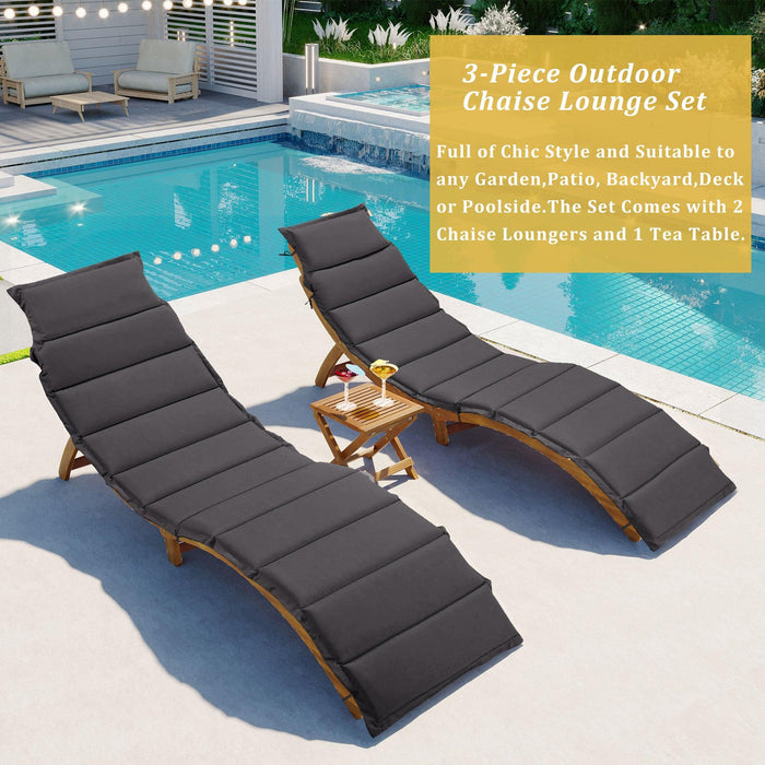 Outdoor Patio Wood Portable Extended Chaise Lounge Set with Foldable Tea Table and Dark Gray Cushions