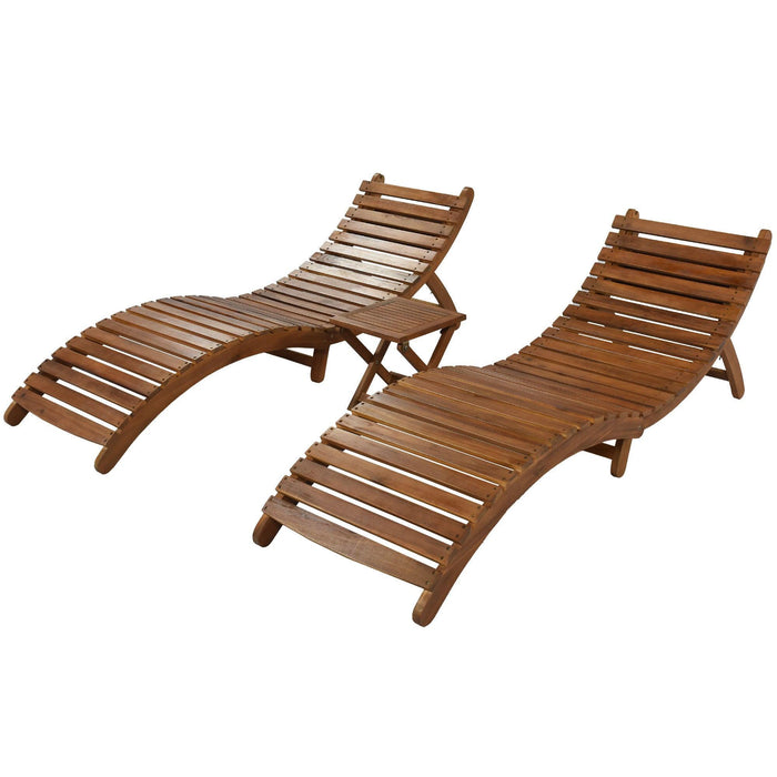 Outdoor Patio Wood Portable Extended Chaise Lounge Set with Foldable Tea Table and Dark Gray Cushions