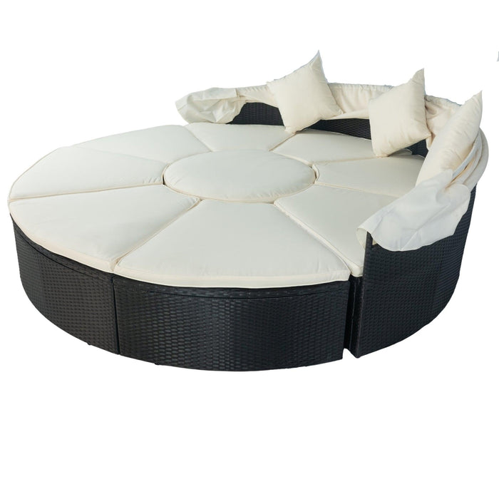 Outdoor Patio Rattan Wicker Round Daybed with Retractable Canopy and Washable Cushions