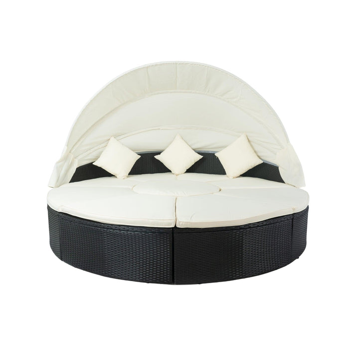 Outdoor Patio Rattan Wicker Round Daybed with Retractable Canopy and Washable Cushions