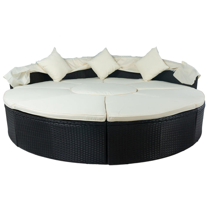 Outdoor Patio Rattan Wicker Round Daybed with Retractable Canopy and Washable Cushions