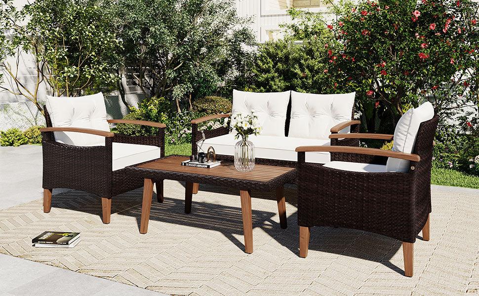 4 PCS Outdoor Garden PE Rattan Seating Furniture Set with Beige Cushions