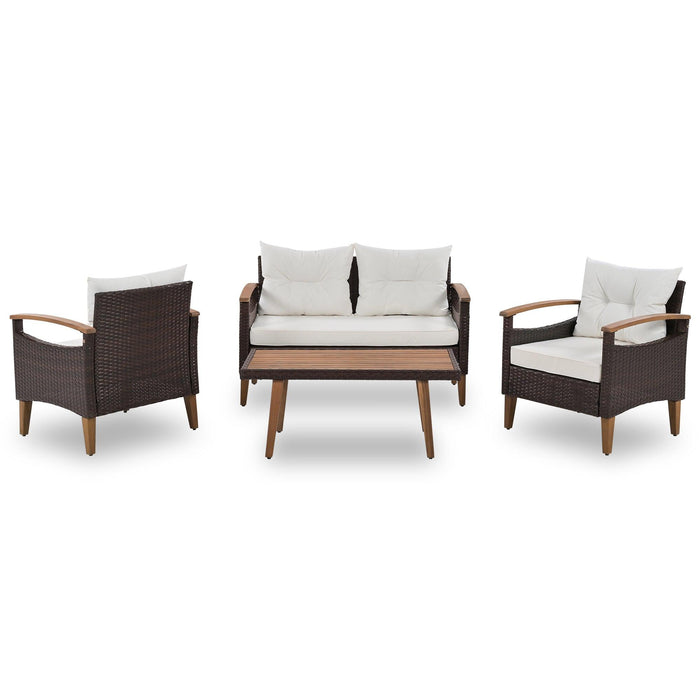 4 PCS Outdoor Garden PE Rattan Seating Furniture Set with Beige Cushions