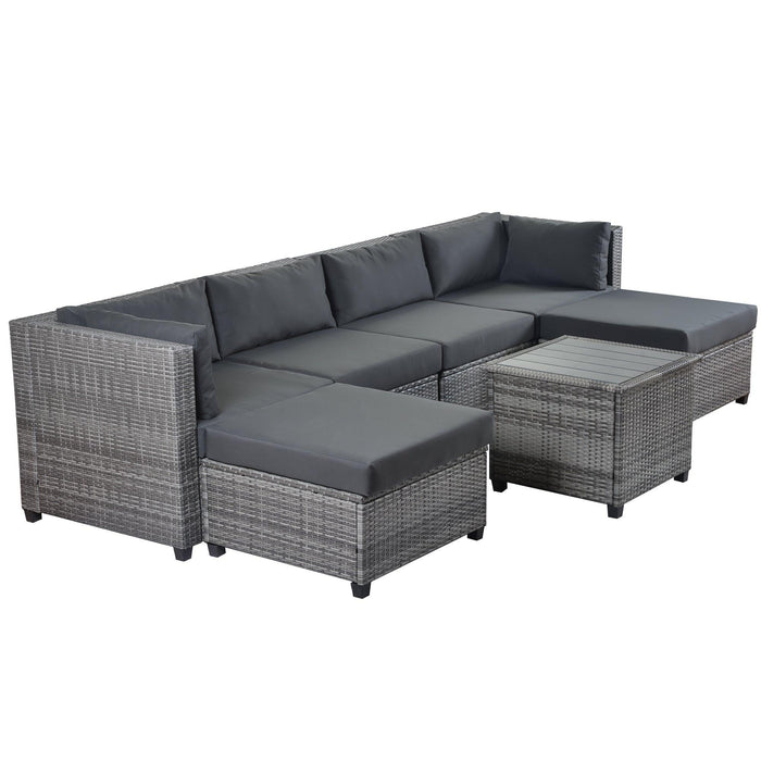 7 PCS Outdoor Rattan Sectional Seating Group with Tea Table and Gray Color Cushions