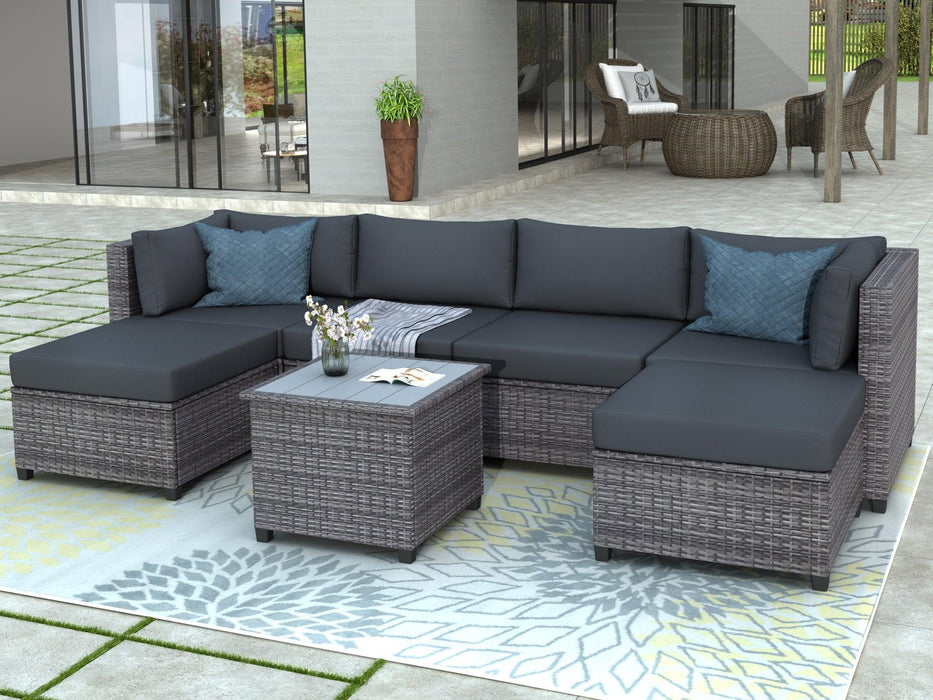 7 PCS Outdoor Rattan Sectional Seating Group with Tea Table and Gray Color Cushions