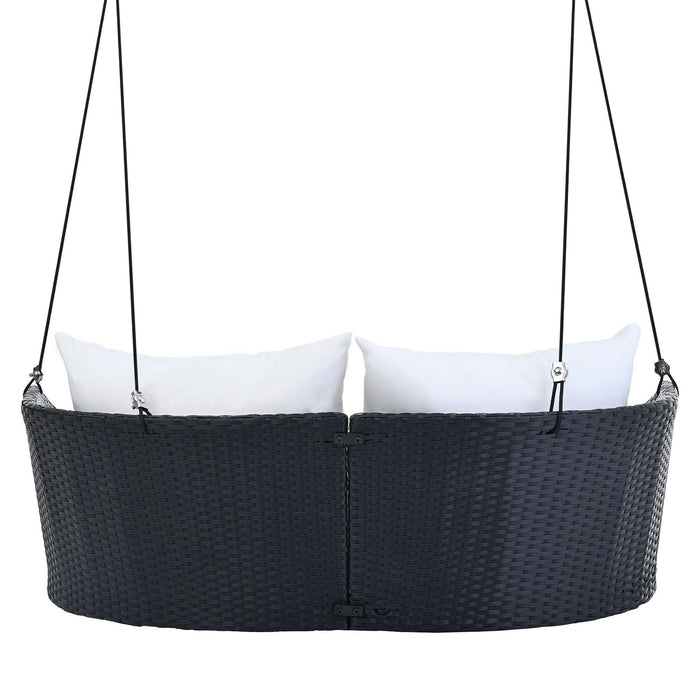 2-Person Rattan Woven Swing Hanging Seat With Ropes, Black Wicker and White Cushion