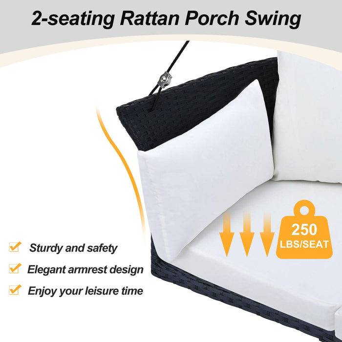 2-Person Rattan Woven Swing Hanging Seat With Ropes, Black Wicker and White Cushion