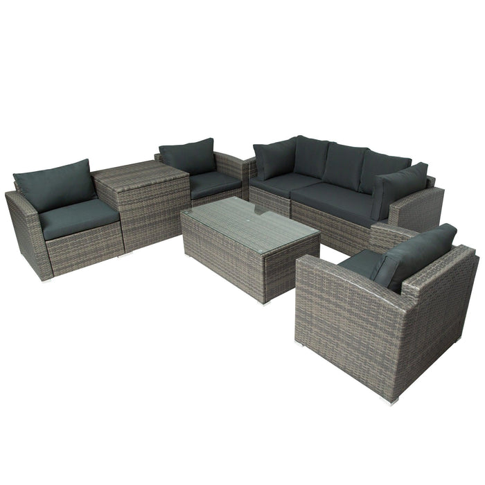 7 PCS Outdoor Patio Arrangeable Wicker Rattan Furniture Sets with Table,Storage Box, and Gray Cushion