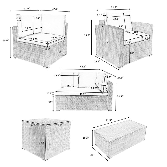 7 PCS Outdoor Patio Arrangeable Wicker Rattan Furniture Sets with Table,Storage Box, and Beige Cushion