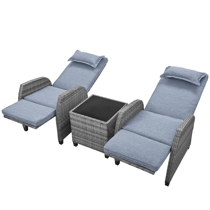 2 PCS Outdoor Adjustable Armchairs with Gray Cushions and Glass Table Top