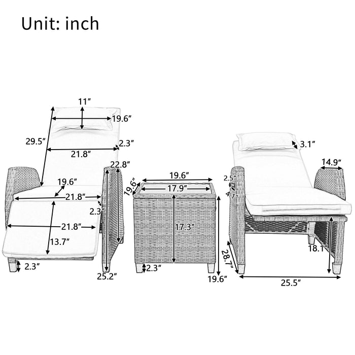 2 PCS Outdoor Adjustable Armchairs with Gray Cushions and Glass Table Top