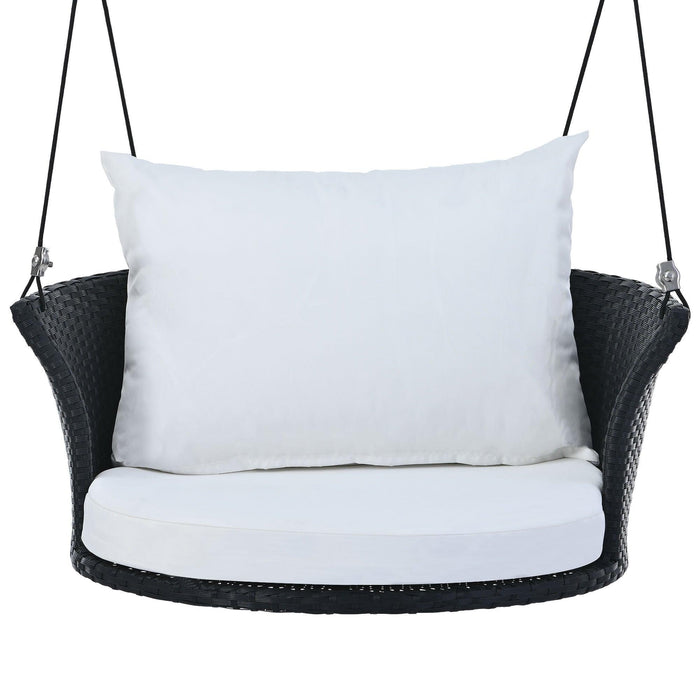 Single Person Rattan Woven Swing Hanging Seat With Ropes, Black Wicker and White Cushion