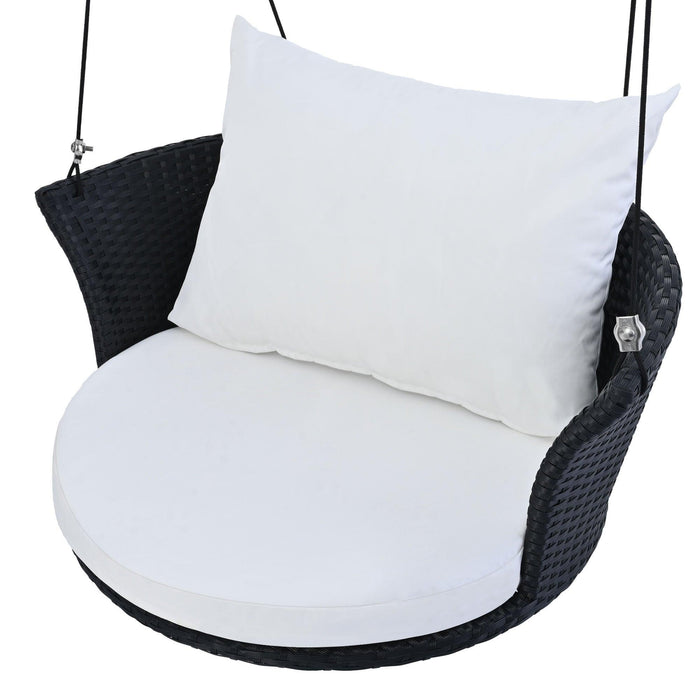 Single Person Rattan Woven Swing Hanging Seat With Ropes, Black Wicker and White Cushion