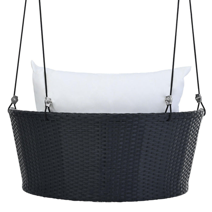 Single Person Rattan Woven Swing Hanging Seat With Ropes, Black Wicker and White Cushion