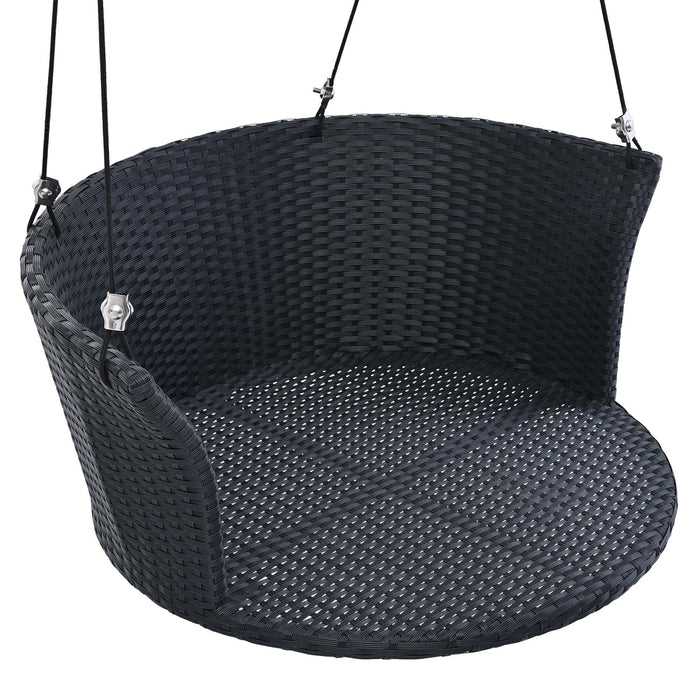 Single Person Rattan Woven Swing Hanging Seat With Ropes, Black Wicker and White Cushion