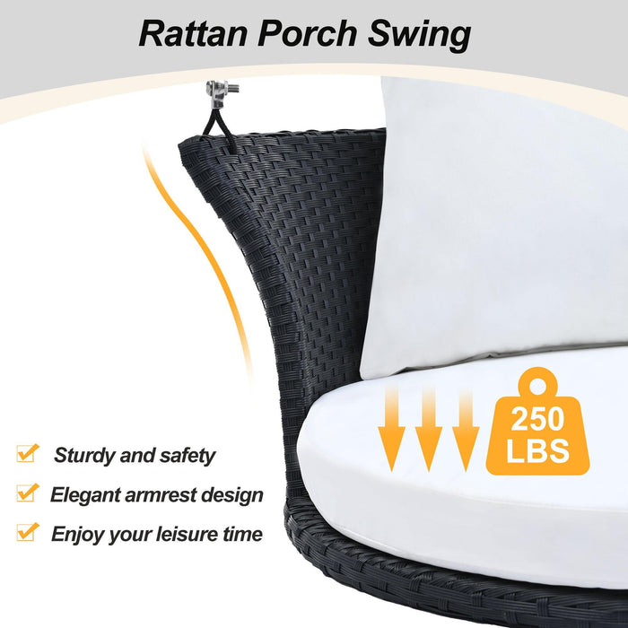 Single Person Rattan Woven Swing Hanging Seat With Ropes, Black Wicker and White Cushion