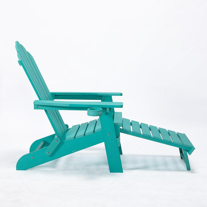 Folding Outdoor Poly Lumber Adirondack Chair with Pullout Ottoman and Cup Holder - Teal Green