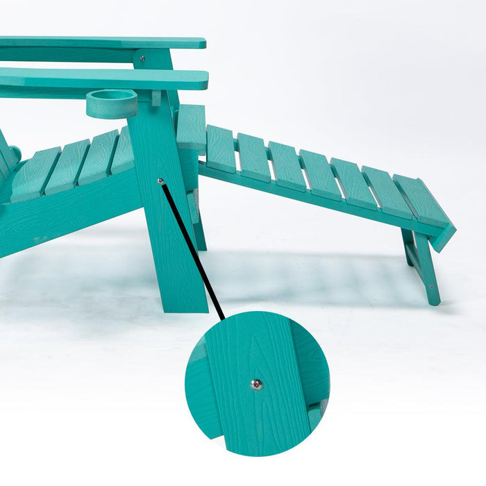 Folding Outdoor Poly Lumber Adirondack Chair with Pullout Ottoman and Cup Holder - Teal Green