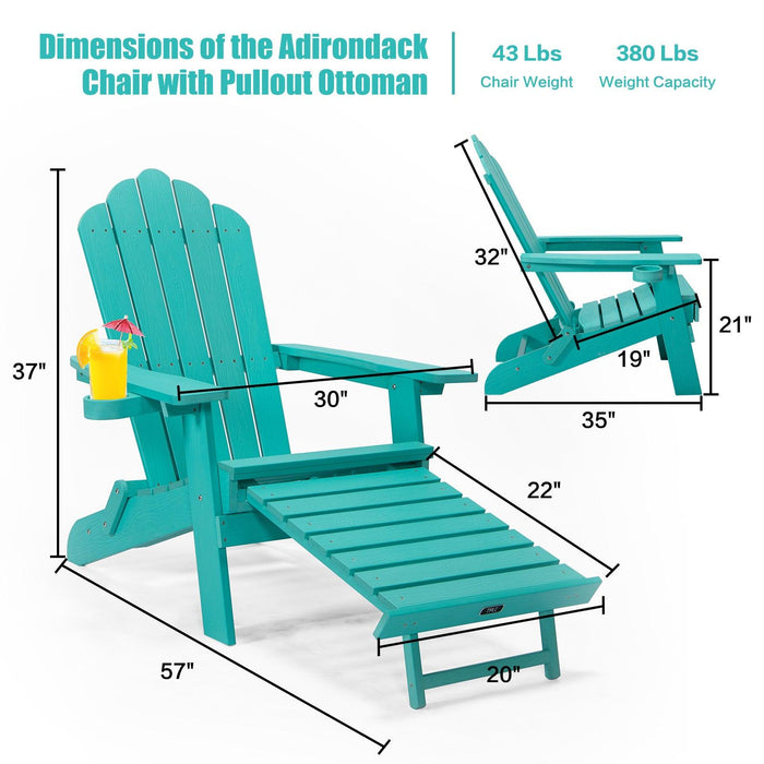 Folding Outdoor Poly Lumber Adirondack Chair with Pullout Ottoman and Cup Holder - Teal Green