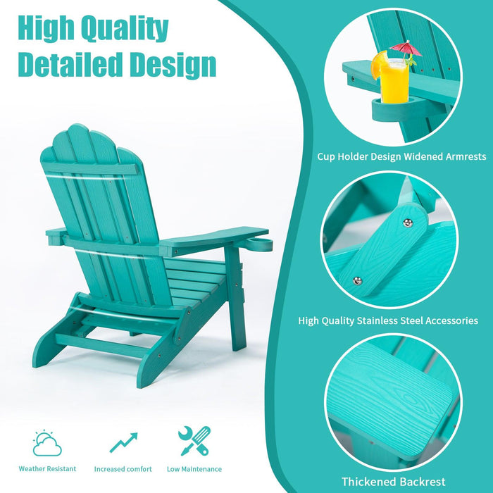 Folding Outdoor Poly Lumber Adirondack Chair with Pullout Ottoman and Cup Holder - Teal Green