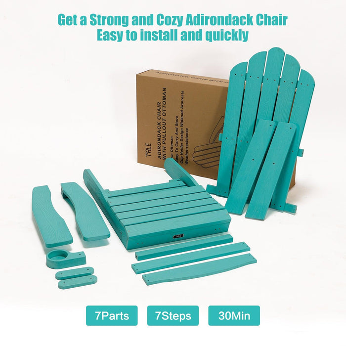 Folding Outdoor Poly Lumber Adirondack Chair with Pullout Ottoman and Cup Holder - Teal Green