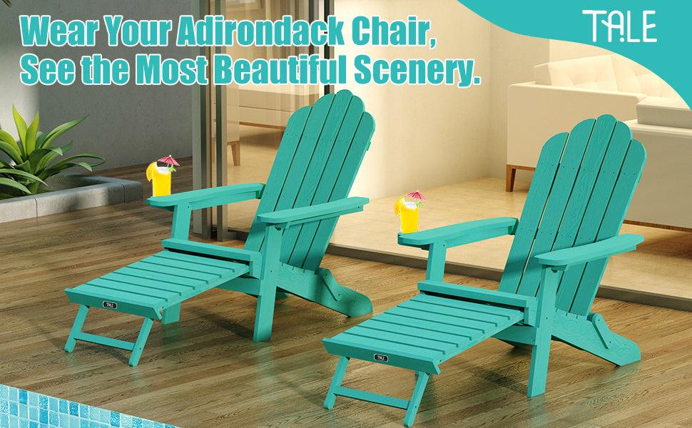 Folding Outdoor Poly Lumber Adirondack Chair with Pullout Ottoman and Cup Holder - Teal Green